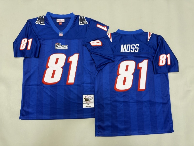 Men 2025 New England Patriots 81 Moss blue Throwback Limited NFL Jersey style 001